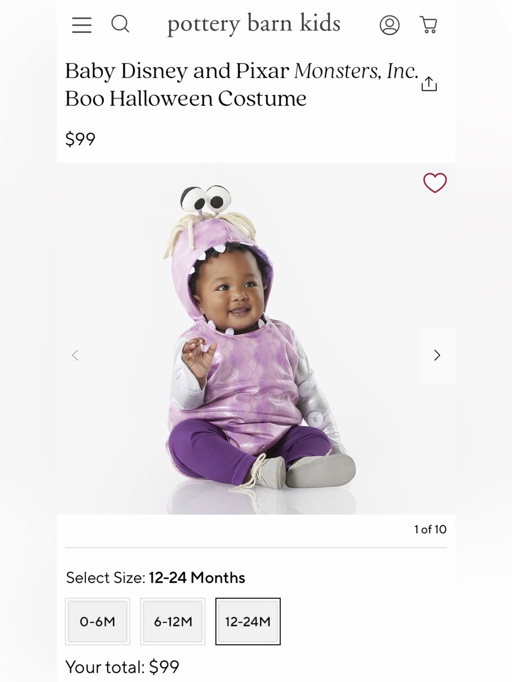 Pottery Barn Baby Disney and Pixar Monsters, Inc. Boo Halloween Costume